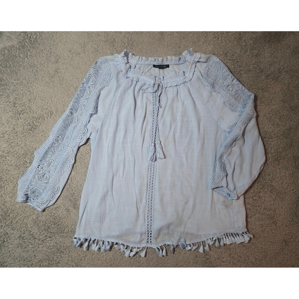 Zac & Rachel Blue Crochet Sleeve Tassel Hem Peasant Boho Chic Blouse Top Large